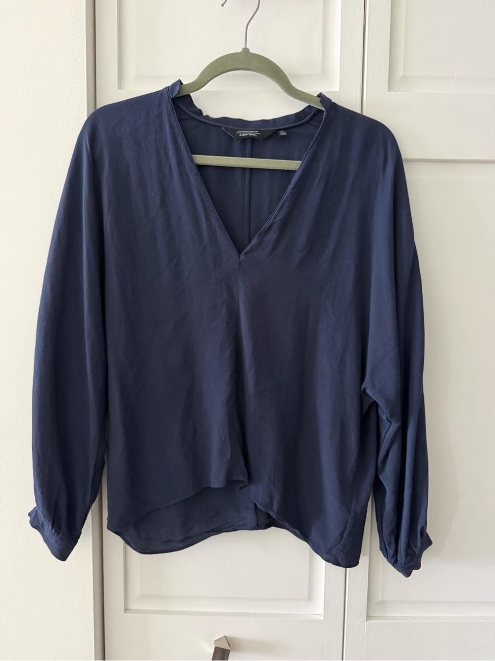 & Other Stories Navy Blue Deep V-Neck Billowy Oversized Blouse Top Size 2